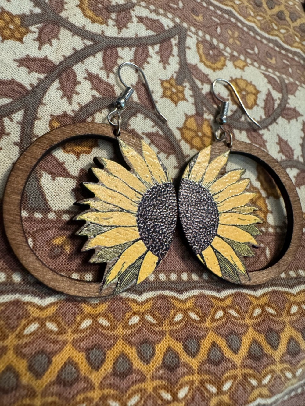 Sunflower Wooden Hoop Earrings - Yellow Floral Drop Earrings